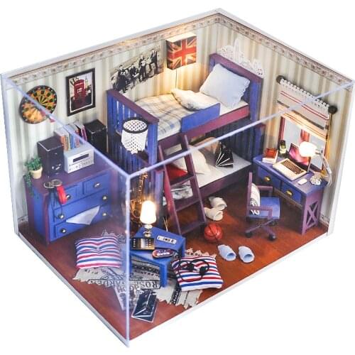 DIY British Style Blue Wooden Dollhouse Miniature With Furniture 3D Doll Houses Assemble Toys Children Birthday Gift Casa