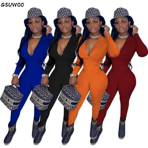 GSUWOO Fitness Yoga Sporty Jumpsuit Casual Solid Long Sleeve V Neck Zipper Active Jumpsuit Women Autumn Outfit One Piece Rompers