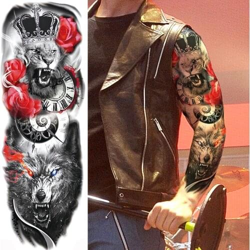 For Adult Men Women Temporary Tattoos Roaring Tiger king Wolf Body Art Full Arm Sleeve Rose Tatoo Waterproof Fake Tattoo Sticker