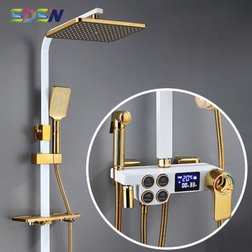 Thermostatic Shower Set 38 Temperature Bathroom Shower Mixer Set 10 Inch Shower Head Luxury Gold Digital Bathroom Shower Set