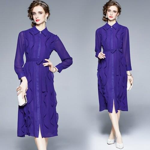 Spring and Autumn New Womens Clothing Ruffle Temperament Purple Lapel Single-Breasted Long-Sleeve Midi Chiffon Dress