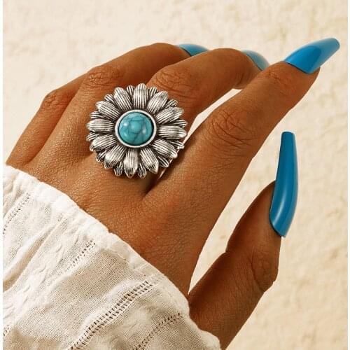 Vintage Silver Color Metal Bohemia Sunflower Ring Turquoises Blue Stone Flower Finger Rings for Women Anel Party Jewelry Gifts