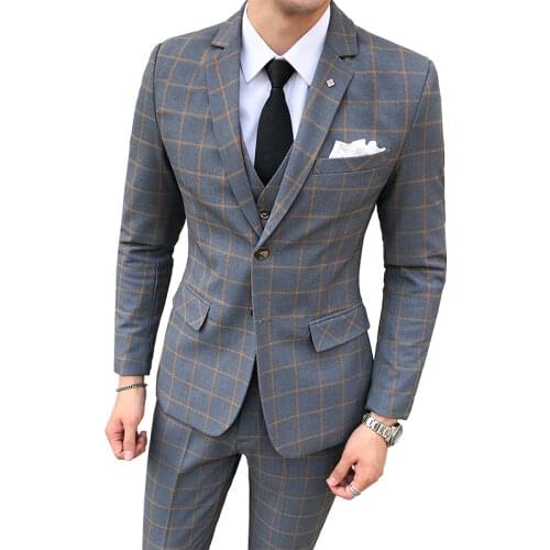 High-end Casual Business Mens Suits ( Jacket + Vest + Pants ) New Groom Fashion Boutique Plaid Wedding Dress Suit 3pce Sets
