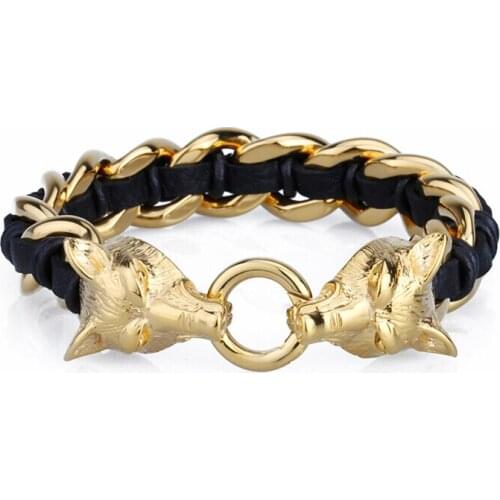 Top Quality Stainless Bangle for Men Genuine Black Leather Jewelry Mens Bracelet 316L Stainless Steel Gold Wolf Clasp