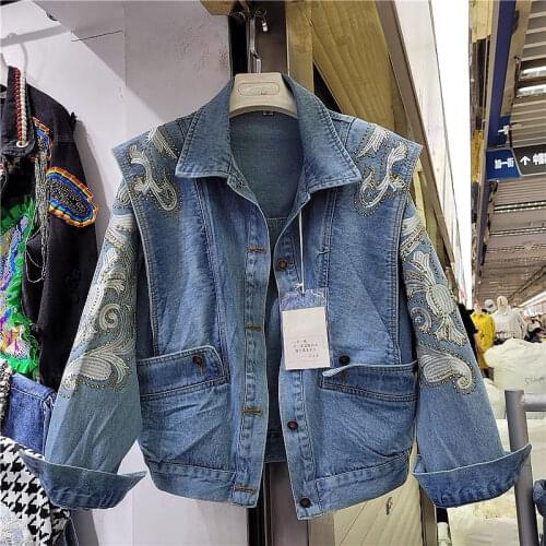 Female Denim Jacket Coat 2021 New Spring Autumn Fashion Flower Embroidery Hot Drilling Loose Outwear Oversize Long Sleeve Coat