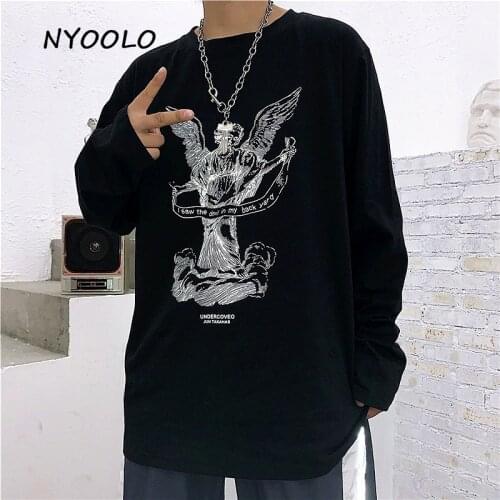 NYOOLO Spring autumn Angel wings letters print loose tee shirt Hip hop streetwear long sleeve T shirt women men clothing top