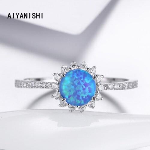 AIYANISHI Real 925 Sterling Oval Blue Opal Finger Rings Classic Halo Rings Silver Jewelry For Women Wedding Christmas Gifts