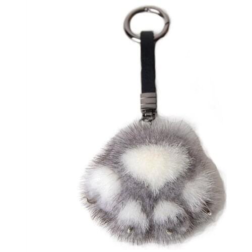 Women Real MInk Fur Car Key Pendant Ring Cat Bear Paw Toy KeyChain Cute Bag Charm Ornaments Soft Pompom Plush