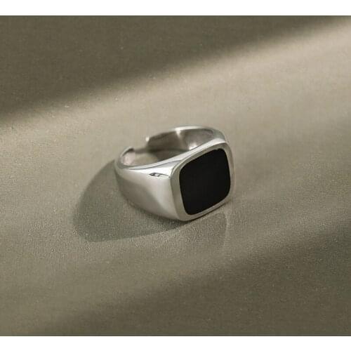 100% 925 sterling silver womens rings adjustable finger jewelry, minimalist black square ring wedding bijoux woman ring