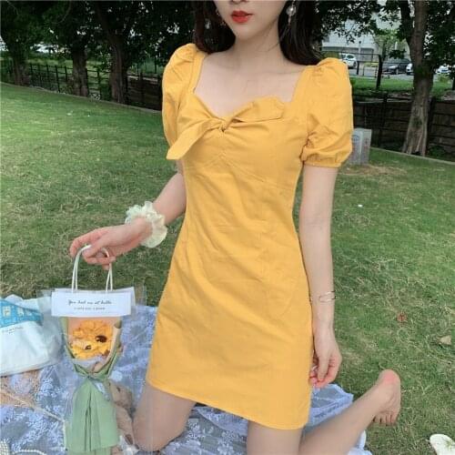 【618 Sale】French Sweet Square Collar Cute Bow Vintage Puff Sleeve Dress Female Kawaii Soft Girly Slim Dress Women Clothing