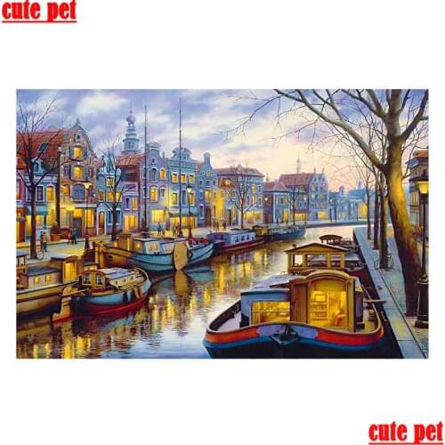 Cute pet DIY Diamond Embroidery Amsterdam canal Mosaic Crystal 5D CrossStitch Full Square Drill Painting Sticker Decor Painting