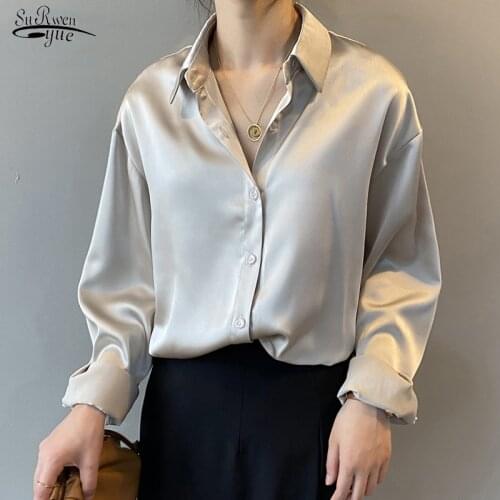 2021 White Lady Long Sleeves Female Autumn Button Up Satin Silk Shirt Women Vintage Blouse Women Solid Loose Shirts Blusas 11355