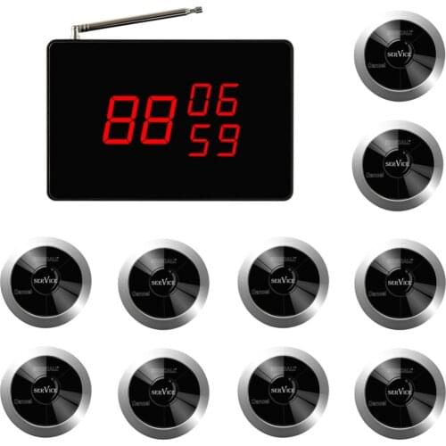 SINGCALL Wireless Calling System, Pack of 1 Pc Display and 10Pcs Table Bells with 2 Options Waterproof Button APE320