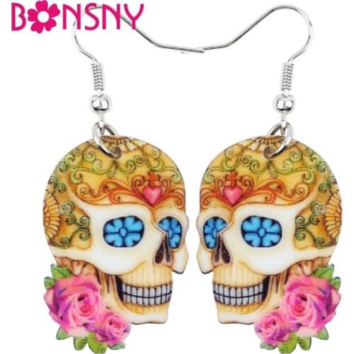 Bonsny Acrylic Dangle Drop Colorful Halloween Festival Skeleton Skull Earring Big Long Fashion Jewelry For Girls Women Wholesale