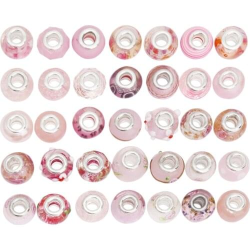 Julie Wang 30PCS Pink European Beads Round Acrylic Resin Big Hole Spacer Beads Bracelet Jewelry Making Accessory
