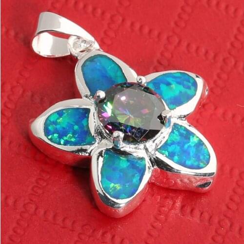 Flower Rainbow Stone Cool For Womens 18*18mm Blue Opal Silver Pendant P9006