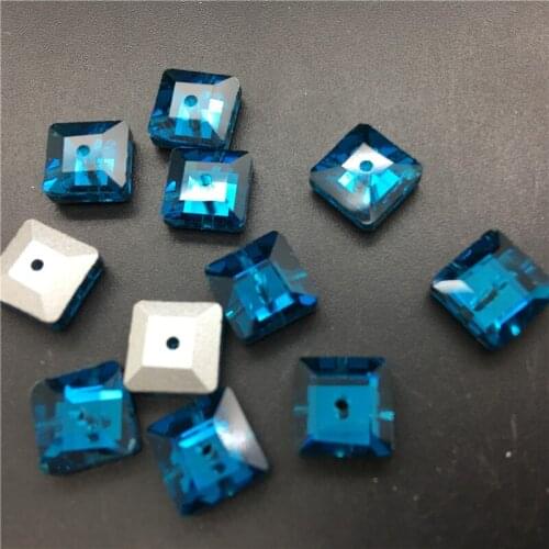 TopStone 100pcs/lot 8mm Square Sewing glass crystal beads Middle One Hole Blue Zircon Color Sew On Stone