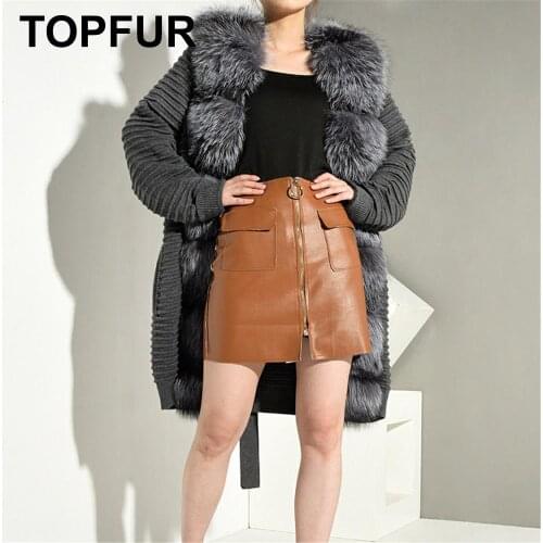 TOPFUR Fashion Gray Knitted Coat With Belt Full Sleeves Real Fur Coat Women Natural Silver Fox Fur Coat With Fox Fur Collar