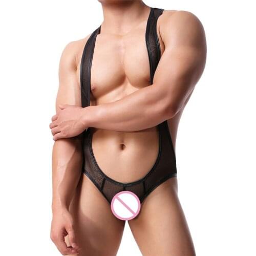 Mens Bodysuits Lingerie Mesh Transparent Underwear Open Butt Fishnet Sexy Jumpsuits Wrestling Singlets Leotard Undershirts XL