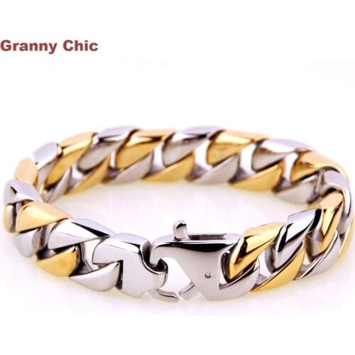 Granny Chic Mens Jewelry Decoration Silver Gold Tone Stainless Steel Curb Cuban Bracelet Chain 15mm