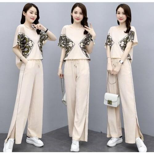 Summer 2 Pcs/Set Casual Elegant Women Summer O-neck Korean Fashion Short Sleeve Tops + High Waist Wide Leg Pants Womens Suits