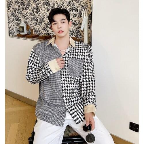 South Korea 2021 spring and autumn new fashion trend shirt mens loose casual stitching lattice long-sleeved shirt men clothing