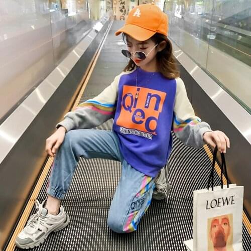 Girls' Clothes Spring Autumn Color Suit New Style Long-sleeved Hoodie Jeans Two-piece Fashionable Kids Clothes 5 6 7 8 9 12 13