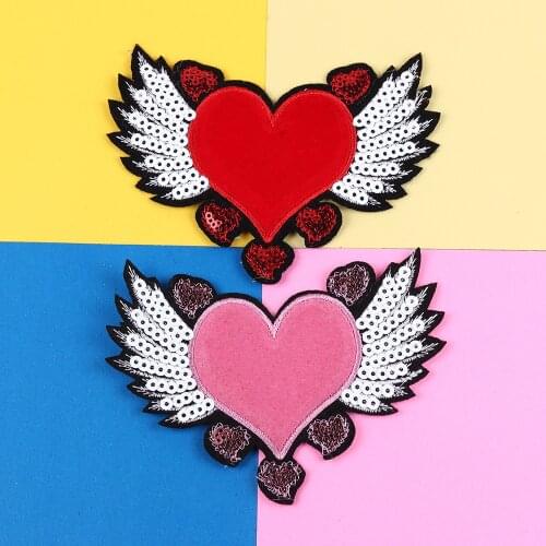 Wings Clothes Sticker Jacket DIY Applique Red Love Heart Love Sew Sew On Embroidery Sequin Patches Apparel Sewing Fabric Decor