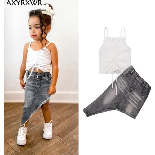 1-6Y Girls Summer Clothing Sets Fashion Children Girls Drawstring Sleeveless Vest Tops+Irregular Vintage Denim Skirts Outfits