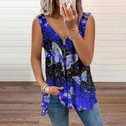 Casual Loose Zipper Sleeveless Tee Shirt Women Summer 2021 Fashion Butterfly Printed V Neck Pullover Top Female Plus Size