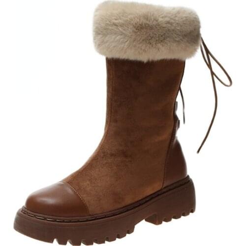 Mid-Calf Snow Boots Women Lace-Up Winter Boots Ladies Bottines Pour Les Femmes Fur Lining Flat Platform Shoes Female Botas Mujer