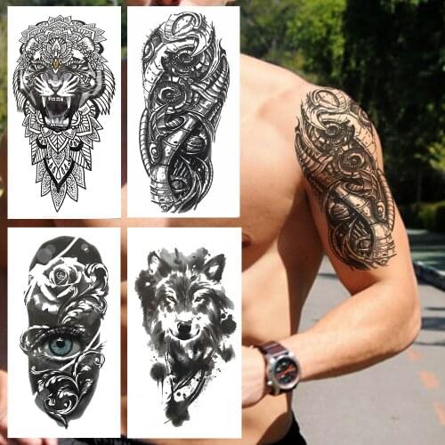 DIY India Lace Temporary Tattoo For Men Black Wolf Robot Arm Tattoo Blue Eye Tiger Watertransfer Body Armband Fake Tatoo Sheets