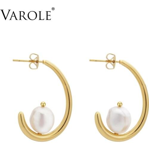 VAROLE Hook Shape Earring Ear Studs Natural pearls Dangle Earrings Gold color Drop Earrings For Women Fashion Jewelry brinco