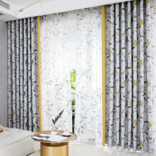 American Pastoral Country Flower and Bird Stitching Printed Curtains Modern Simple Living Room Bedroom Blackout Curtains Custom
