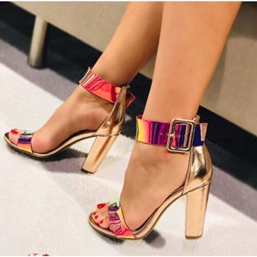 Women Sandals Peep Toe Pumps Ladies Summer Shoes Zapatos Mujer Square High Heels Woman Ankle Strap Contrast Color Sandals