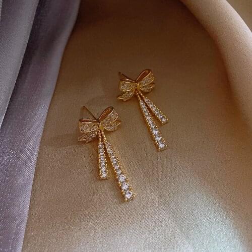 Lady Temperament Gold Bow Tassel Drop Earrings For Woman 2021 New Korean Fashion Jewelry Wedding Party Girls Sexy Earrings