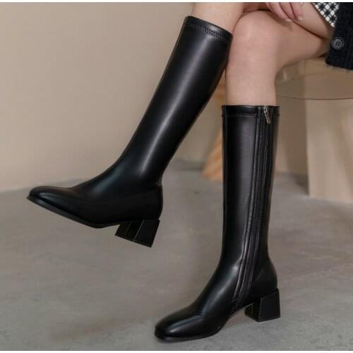 2021 Fashion Zipper Stretch PU Leather Knee High Boots Women Comfort Square Low Heel Long Boots Square Toe Autumn Winter Shoes