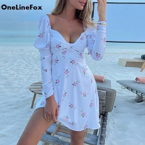 OneLineFox Womens Autumn Floral Dress Puff Sleeve Print V Neck Twist A Line Long Sleeve Mini White Dress Fashion Dresses 2021