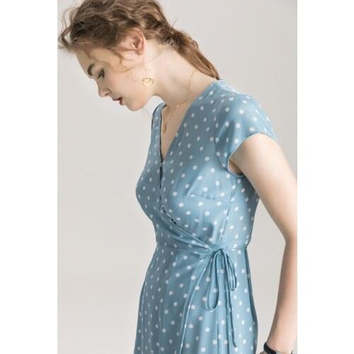 Women Summer Silk Dress V neck blue Dots Vintage Natural silk tea dresses Elegant Dress Casual real silk dots wrap style dress