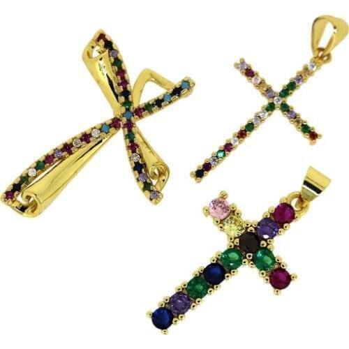 3pcs Stylish Simple Pave Rainbow Crystal CZ Religious Cross Gold Charm Pendant For DIY Making Jewelry Materials Wholesale 2021
