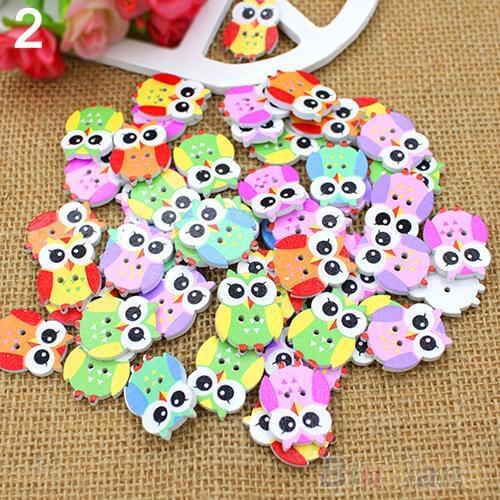 50Pcs Lovely Cartoon Bird Owl Strawberry Sock Cherry 2 Holes DIY Wooden Buttons