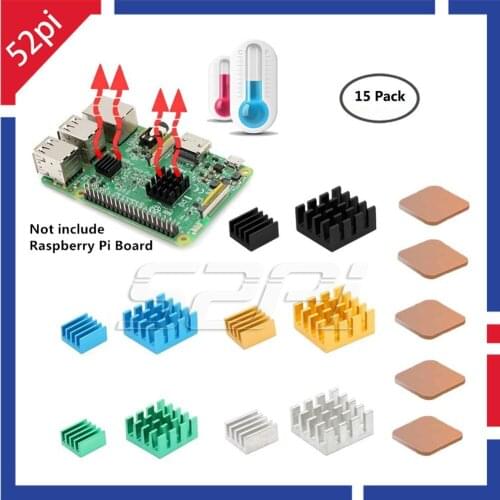 52Pi New! 5 Sets/15 Pcs Aluminum Copper Heat Sinks Black/Blue/Yellow/Green/Sliver Cooling Sinks for Raspberry Pi 2/3 Model B/B