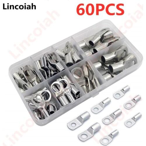 60Pcs SC Bare Terminals lug Tinned Copper Tube Lug Ring Seal Battery Wire Connectors Bare Cable Crimped/Soldered Terminal Kit