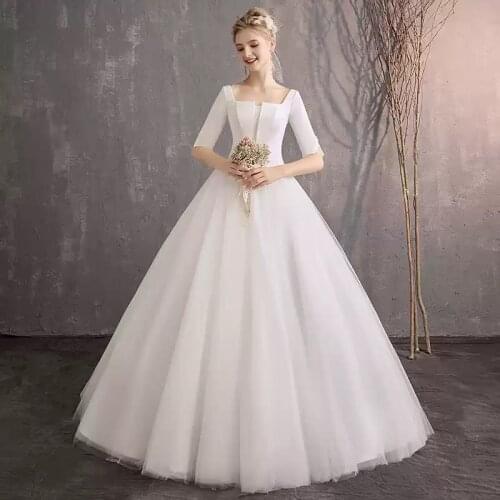 White Square Collar Wedding Dress Simple Ruched Floor-Length Half Sleeves Fashion Lace Up Plus Size Wedding Gowns For Women G488