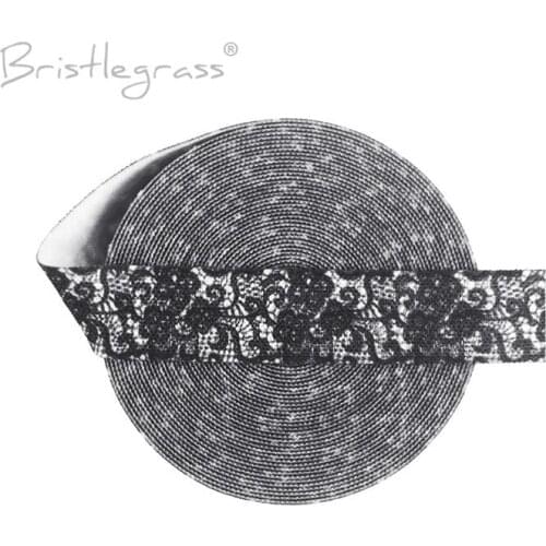 BRISTLEGRASS Wholesale 50 Yard 5/8" 15mm Black Lace Print Fold Over Elastic FOE Spandex Band Hair Tie Headband Dress Sewing Trim