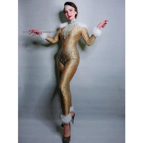 Women Jazz Dance Feather Bodysuit Outfit Long Sleeves Skinny Stretch Jumpsuit Evening Show One Piece Birthday Wear Party