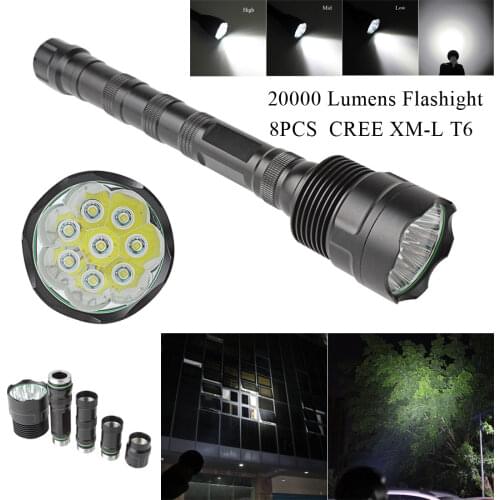 20000 Lumens LED Flashlight 8x XML T6 5 Modes Super Brightness Torch Light Lamp Fit for Outdoor / Camping / Hiking