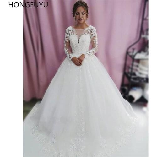 HONGFUYU Tulle Long Sleeves Wedding Dress 2021 Sheer Scoop Neckline A Line Lace Bridal Gowns with Appliques vestidos de noiva