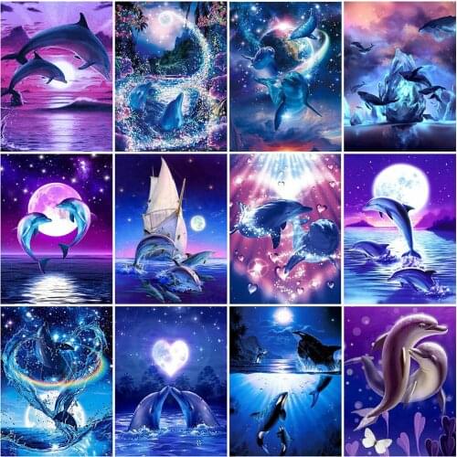 HUACAN 5D Diamond Mosaic Dolphin Moon Full Square Diamond Painting Animal Picture Of Rhinestones Embroidery Art Home Decor