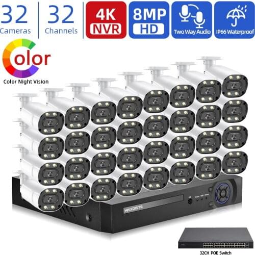 H.265+ 32CH 4K NVR 8.0MP Indoor Outdoor Color Night Vision Two Way Audio POE IP Camera Kit HD 8MP Video Security Camera System